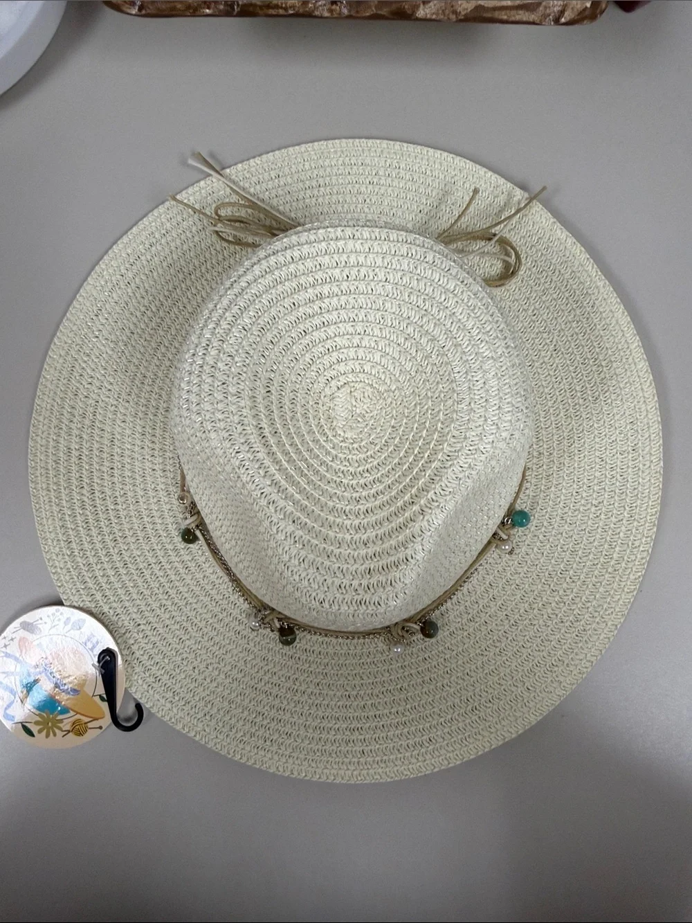 ROYAL Ivory Beaded Silver Tone Chain Triple Cord Tie Coastal Boho Straw Sun Hat